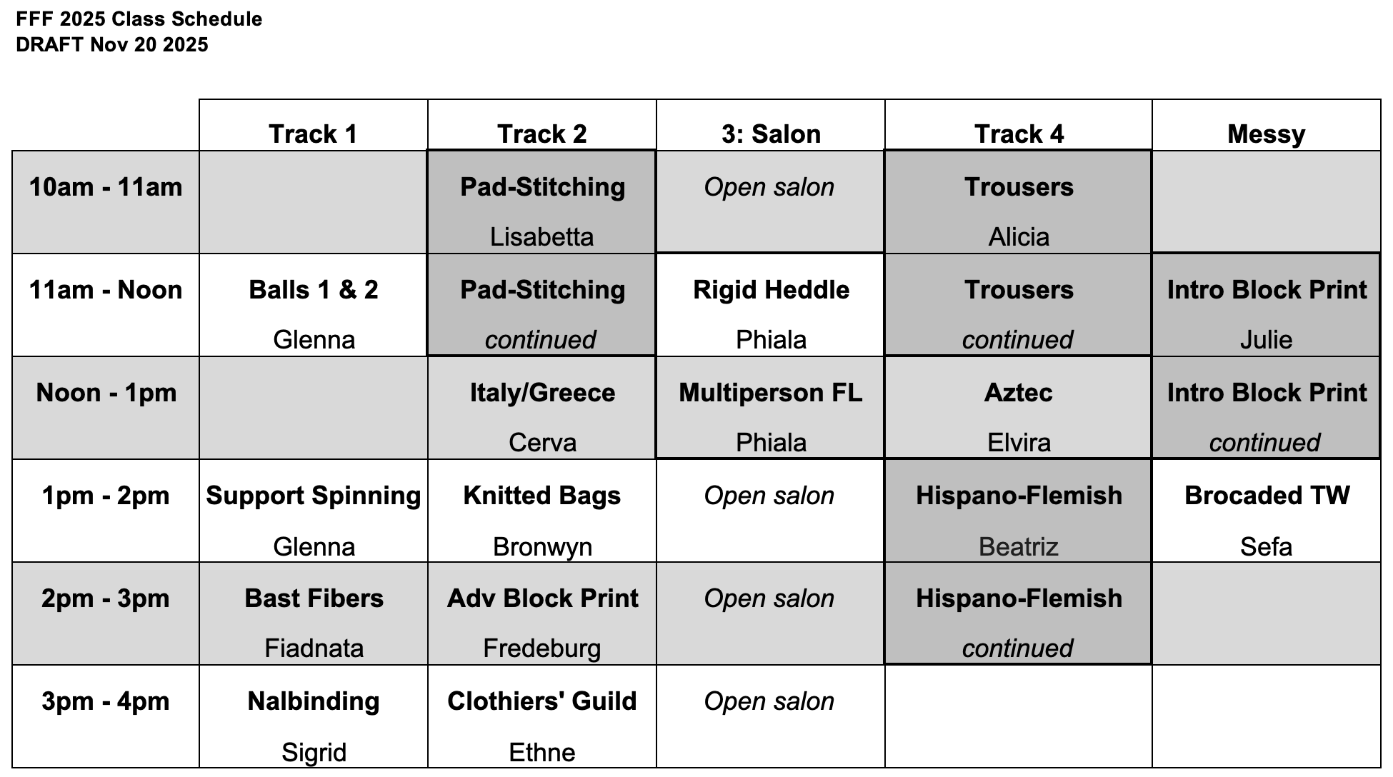 Table of class times